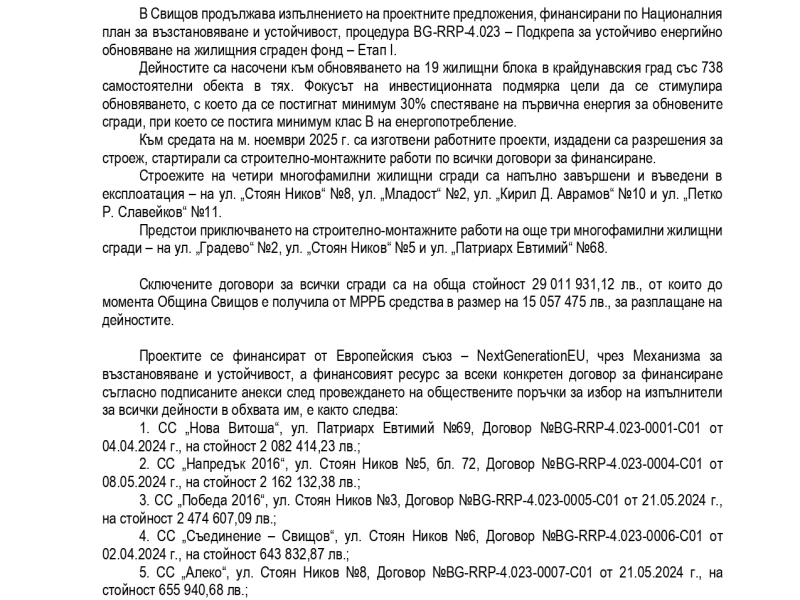 Община Свищов активно напредва по изпълнението на Националния план за възстановяване и устойчивост, процедура BG-RRP-4.023 – Подкрепа за устойчиво енергийно обновяване на жилищния сграден фонд – Етап I 
