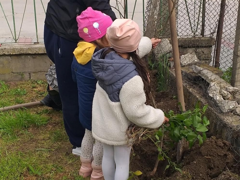 Деца, родители и учители от ДГ "Васил Левски“ отбелязаха Световния ден на Земята като засадиха дръвчета и цветя 